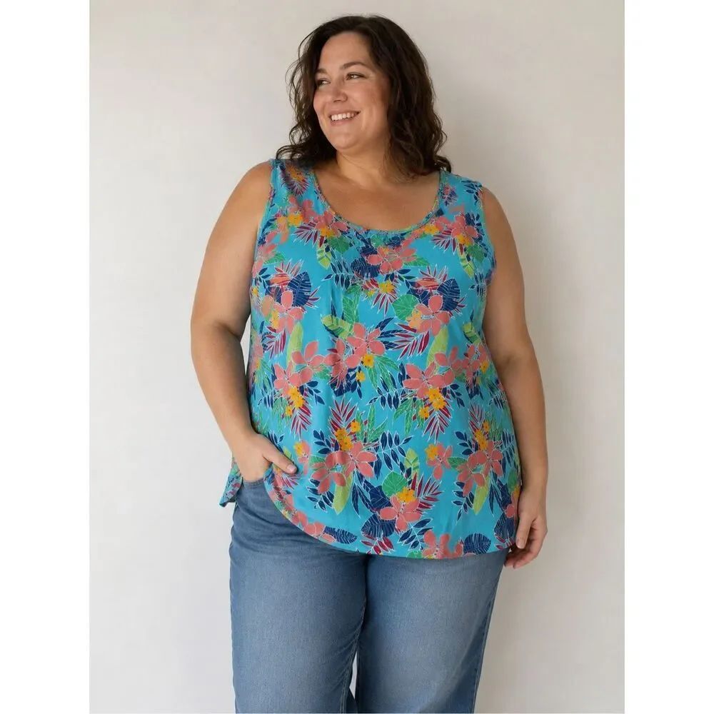 Woman Within Tropical Floral Tank Top Blue Cotton Plus Size 3X